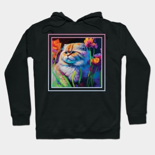 Tiny Tiger Persian Cat Vibrant Tropical Flower Digital Oil Painting Portrait Hoodie